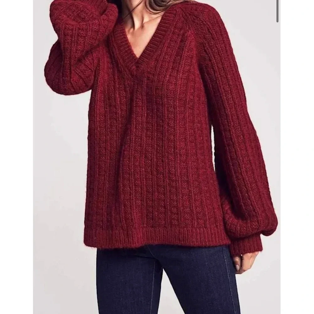 Faherty Sweater‎ Womens XS Magenta Baby Alpaca Wool Blend Ribbed V Neck